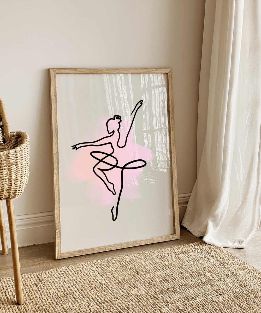 Affiche danseuse minimaliste – Poster art line ballet avec fond aquarelle rose - MoodElle