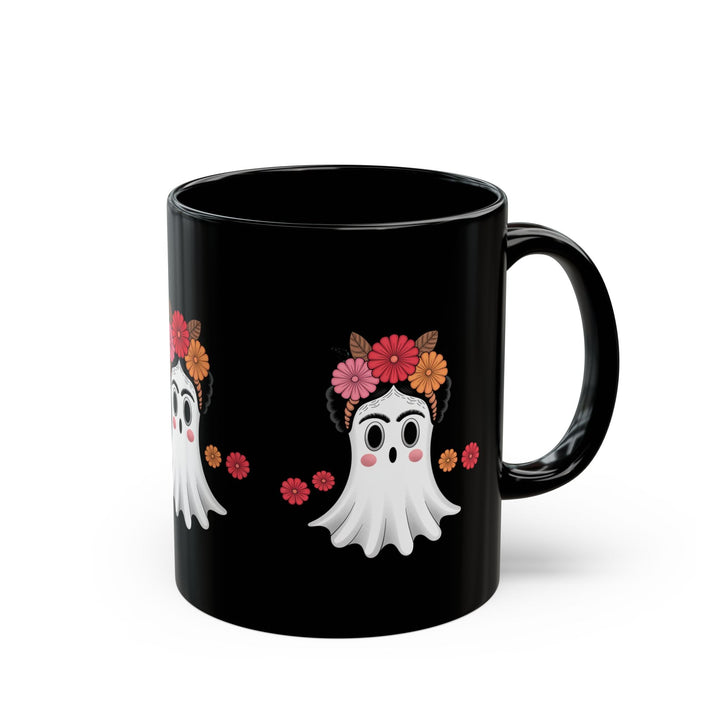 Mug Fantôme Kawaii Fleur – Tasse Noire Halloween - MoodElle