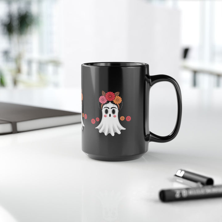 Mug Fantôme Kawaii Fleur – Tasse Noire Halloween - MoodElle