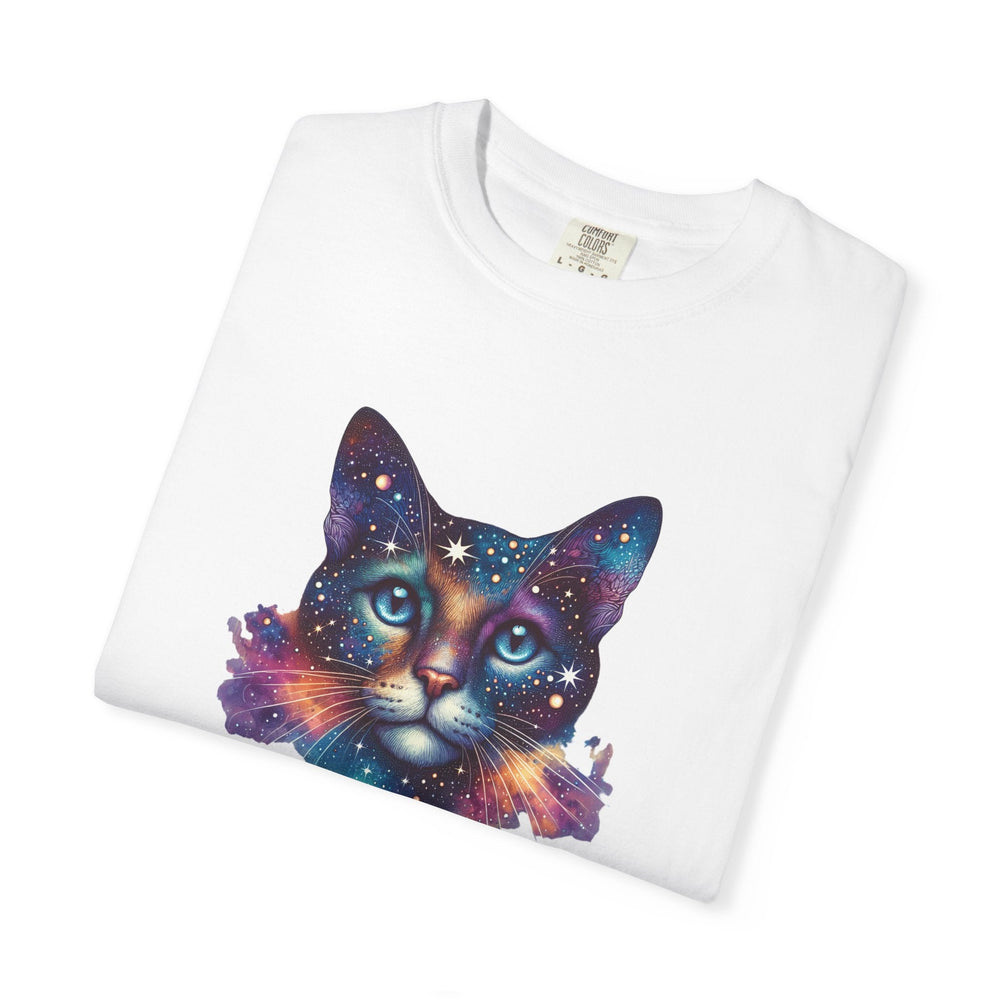 T-shirt chat galaxie – “Space Cat” – Tee unisexe coton, impression durable – Cadeau amoureux des chats - MoodElle