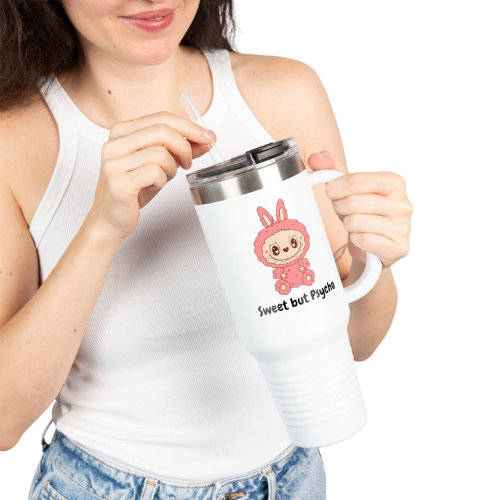 Gourde "Sweet but Psycho" – Mug isotherme Kawaii Lapin Rose avec Paille - MoodElle