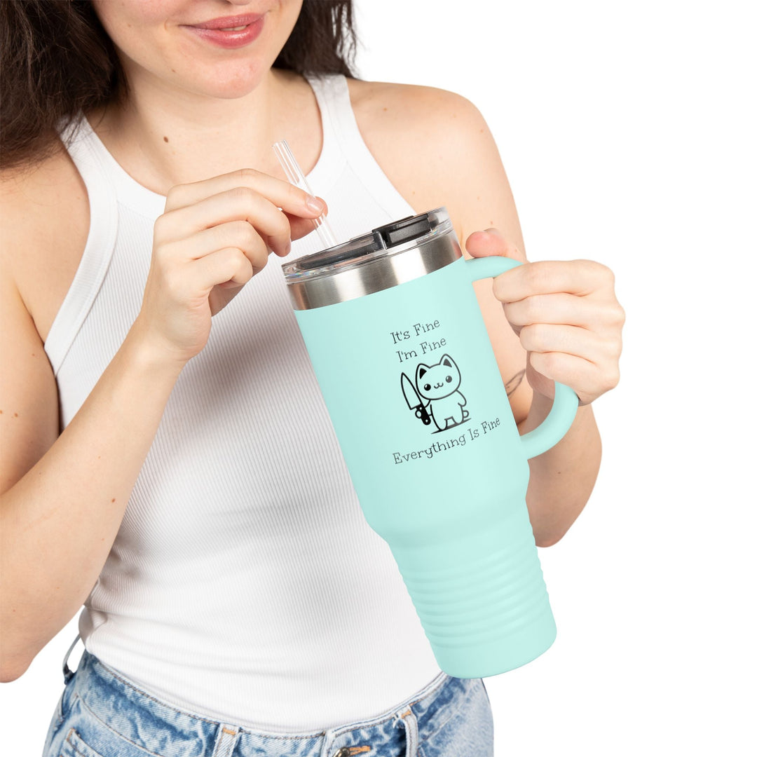 Travel Cup inox chat “It’s Fine I’m Fine” – Mug isotherme drôle avec paille réutilisable - MoodElle
